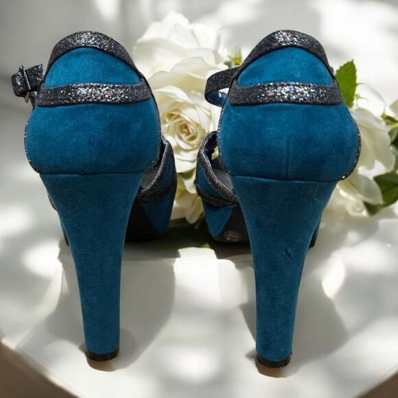 Gianni Bini Women's GB Teal Suede Glitter Platform Pumps Peep Toe 9M Formal Club - Picture 4 of 15